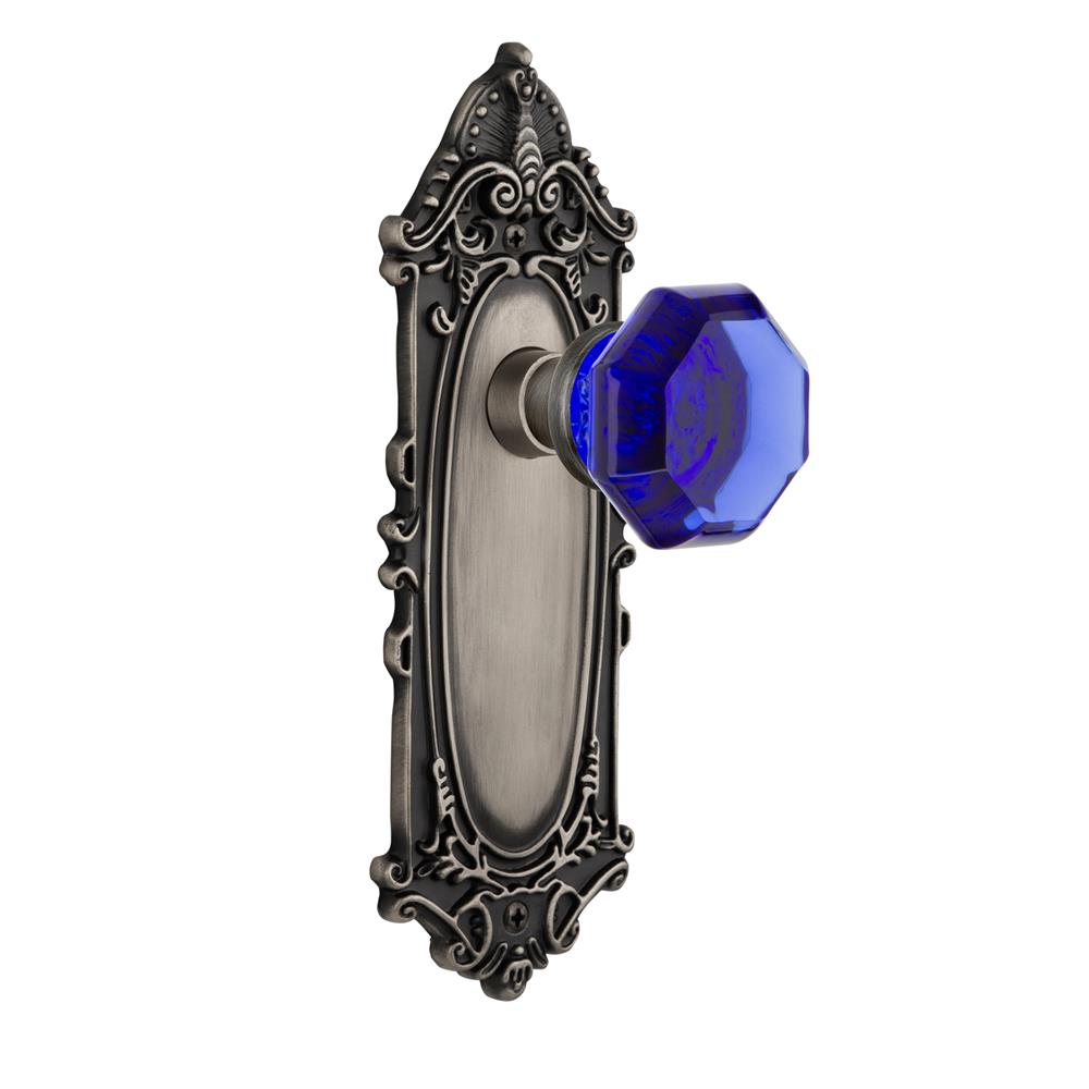 Nostalgic Warehouse VICWAC Colored Crystal Victorian Plate Passage Waldorf Cobalt Door Knob in Antique Pewter